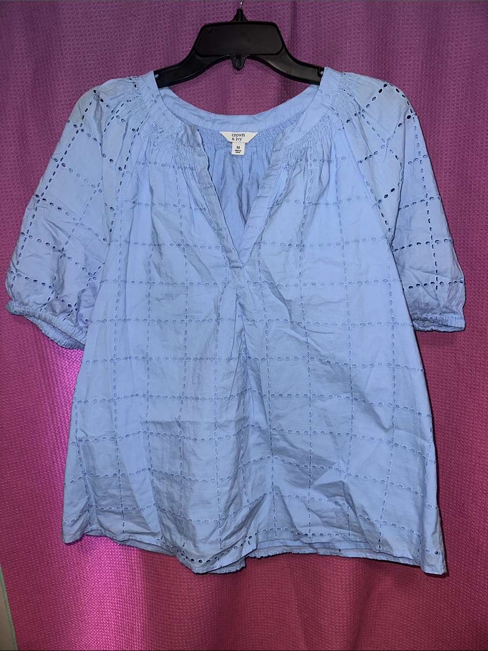 crown & ivy Light Blue Eyelet Peasant Top
